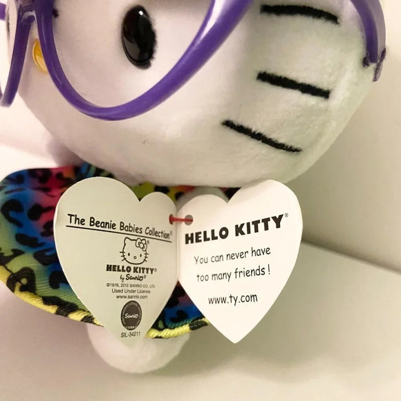Hello Kitty Ty Beanie Babies Sanrio Plush 6 Inch Purple Glasses Rainbow Dress - Picture 8 of 14